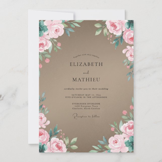 Invitation Mariage Feuilles Roses Taupe (Devant)