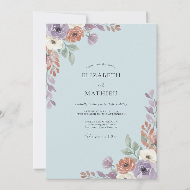 Invitation Mariage Feuilles Rouille Violet Poussiéreux (Devant)