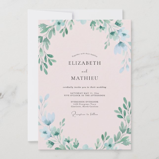 Invitation Mariage Feuilles Tendre Teinte Pastel (Devant)