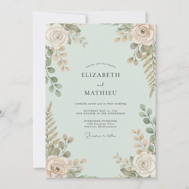 Invitation Mariage Feuilles Tendrement Rose et Mousse de Mer (Devant)