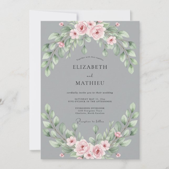 Invitation Mariage Feuilles Touche de Gris Rose (Devant)