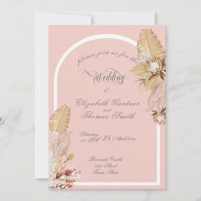 Invitation Mariage Feuilles Tropicales Herbe de Pompas Bohème (Devant)