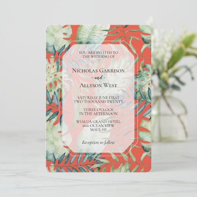 Invitation Mariage Feuilles Vertes Tropicales Menthe Orange (Debout devant)