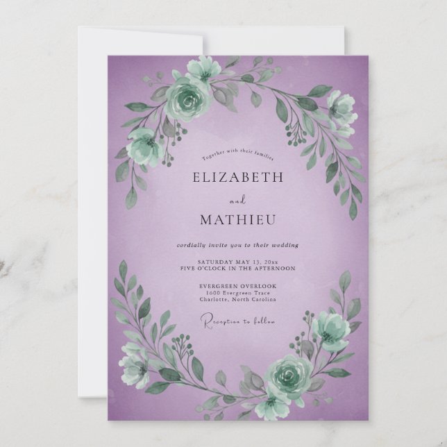 Invitation Mariage Feuilles Violettes Mousse de Mer (Devant)