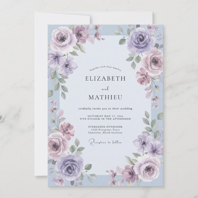 Invitation Mariage Feuilles Violettes Pervenche (Devant)