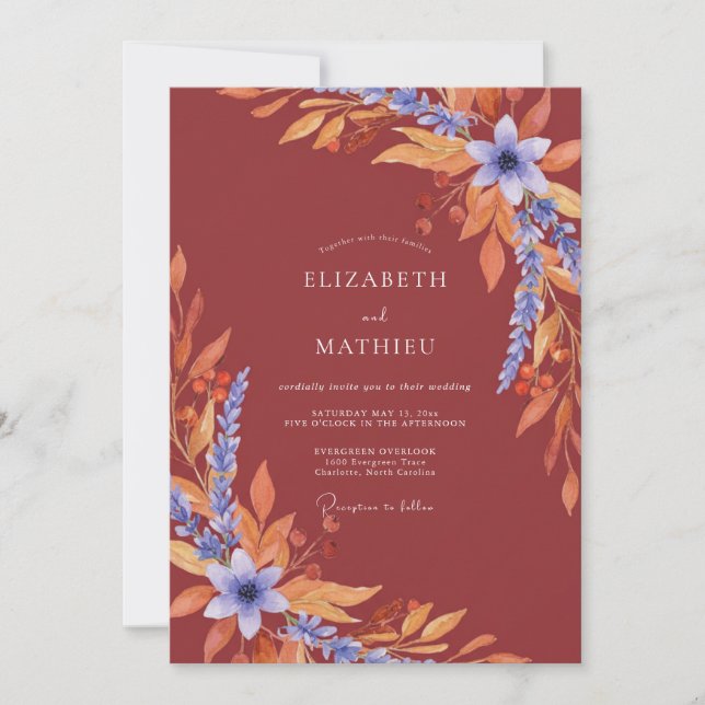 Invitation Mariage Feuilles Violettes Terracotta (Devant)