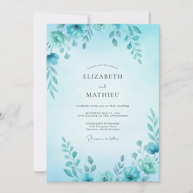 Invitation Mariage feuilletoilé aquarelle cyan (Devant)