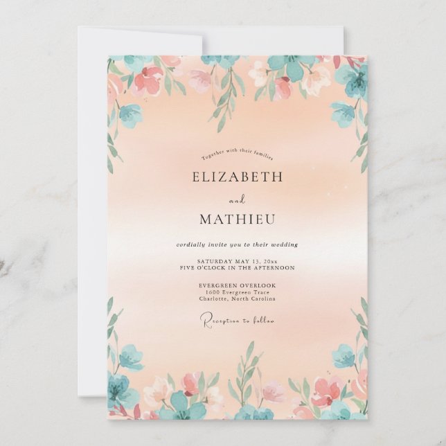 Invitation Mariage Feuilleux Aqua Abricot (Devant)