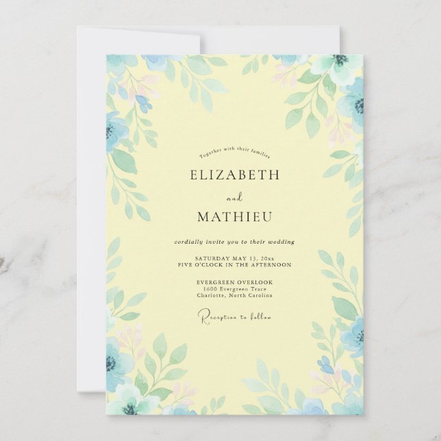 Invitation Mariage feuilleux azur citron (Devant)