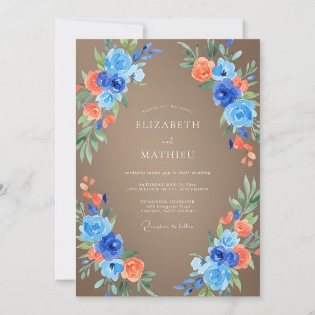 Invitation Mariage feuilleux azur corail (Devant)