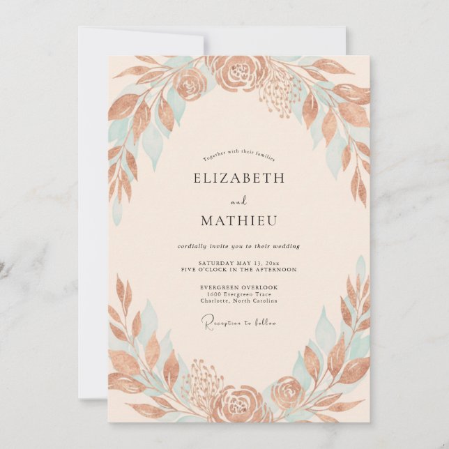 Invitation Mariage feuilleux cuivre aqua (Devant)