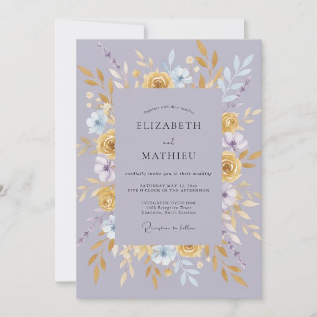 Invitation Mariage Feuilleux Pervenche Or Chaud (Devant)