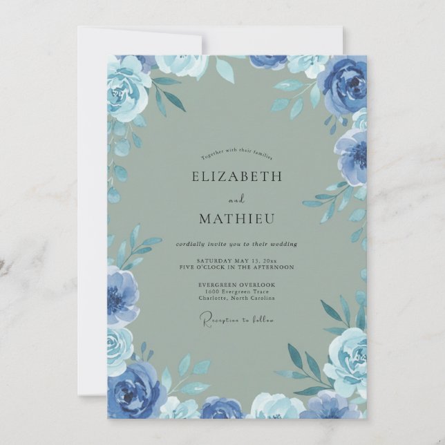 Invitation Mariage Feuilleux Pervenche Sage Atténué (Devant)