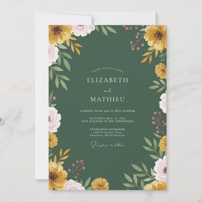 Invitation Mariage feuilleux rose moutarde (Devant)