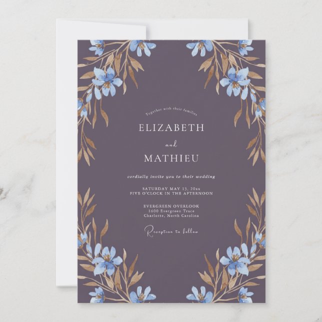Invitation Mariage feuilleux violet ardoise (Devant)