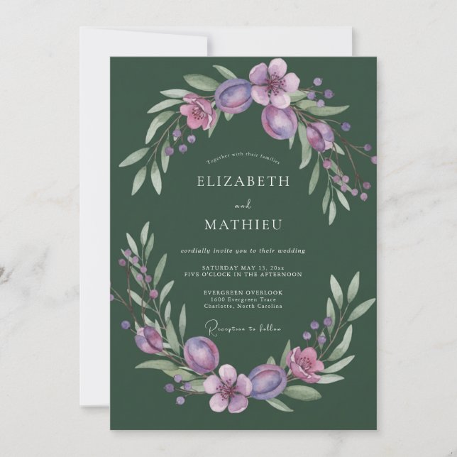 Invitation Mariage Feuillu à la Feuille de Prune de Mousse (Devant)