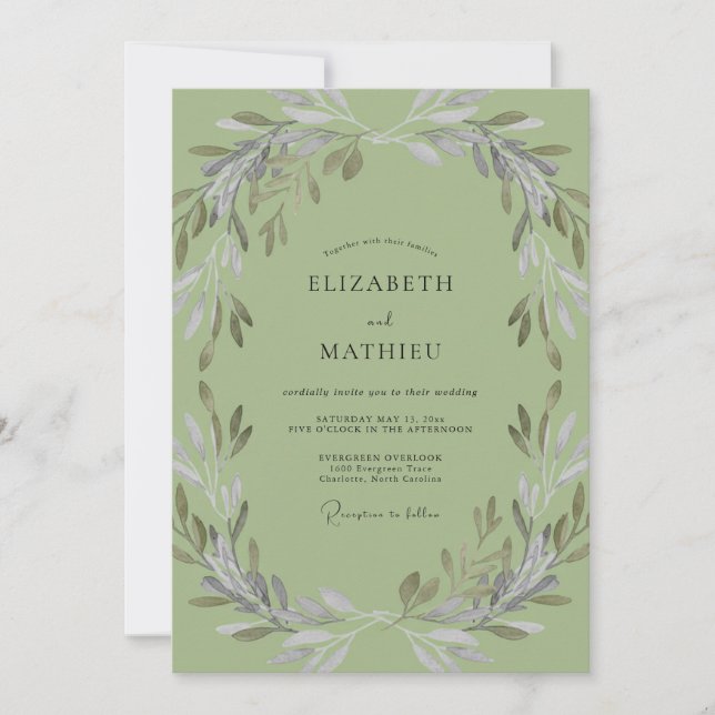 Invitation Mariage Feuillu à la Feuille d'Olive Pistache (Devant)