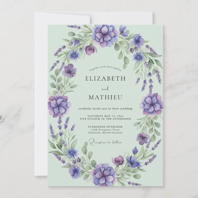 Invitation Mariage Feuillu à la Lavande et au Mint (Devant)