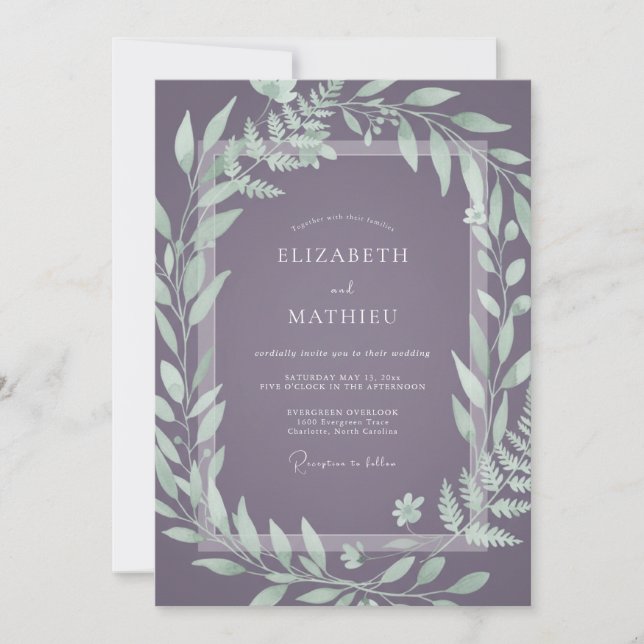 Invitation Mariage Feuillu à la Prune Poussiéreuse (Devant)