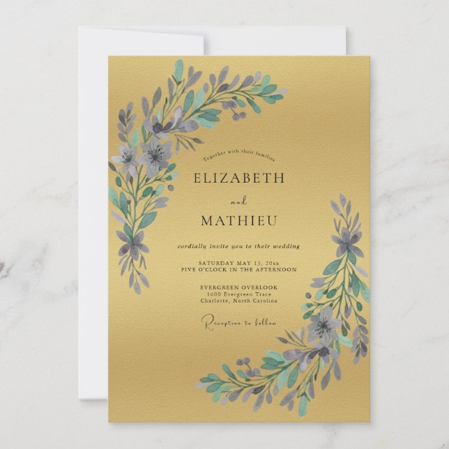 Invitation Mariage Feuillu à l'Infini avec Pervenche Dorée (Devant)