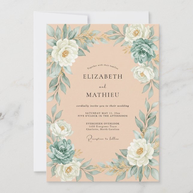 Invitation Mariage Feuillu Abricot Aqua (Devant)