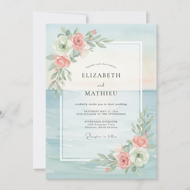 Invitation Mariage Feuillu Aqua Blush (Devant)