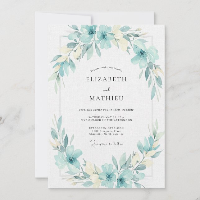 Invitation Mariage Feuillu Aqua Cyan (Devant)