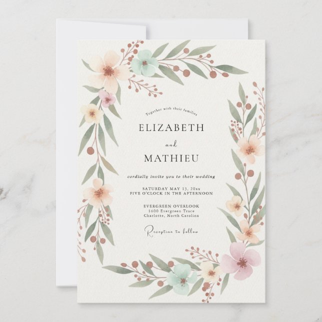Invitation Mariage Feuillu Aqua Pêche (Devant)