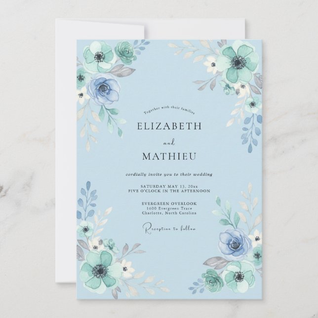 Invitation Mariage Feuillu Aqua Poudré (Devant)