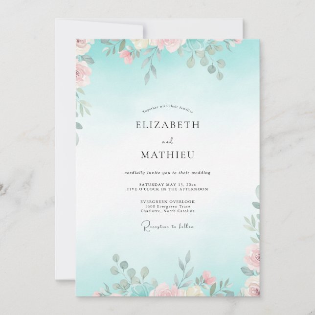 Invitation Mariage Feuillu Aqua Rose Pâle (Devant)