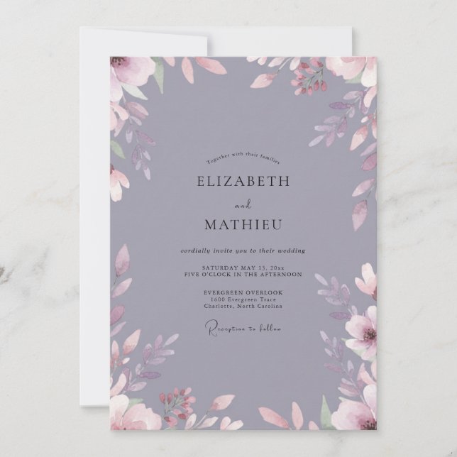 Invitation Mariage Feuillu Ardoise Mauve (Devant)