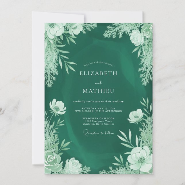 Invitation Mariage Feuillu aux Tons de Menthe et d'Émeraude (Devant)