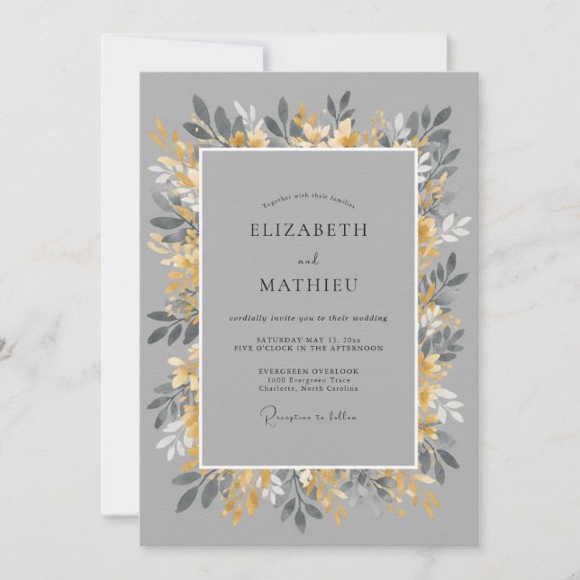 Invitation Mariage Feuillu aux Tons de Moutarde Grise (Devant)