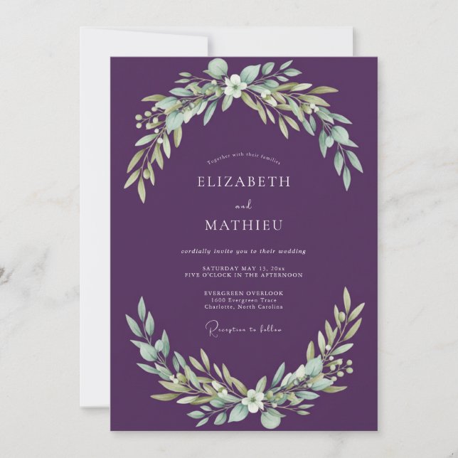 Invitation Mariage Feuillu aux Tons de Prune (Devant)