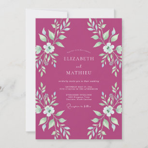 Invitation Mariage Feuillu aux Tons Magenta et Menthe
