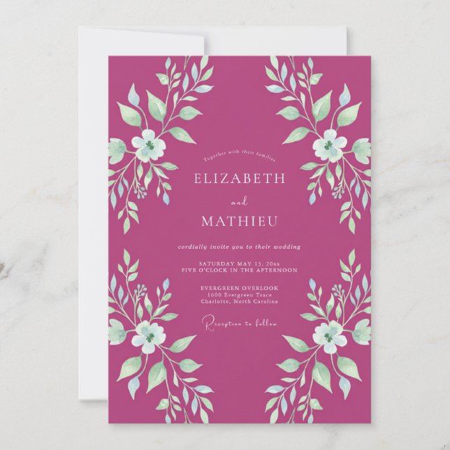 Invitation Mariage Feuillu aux Tons Magenta et Menthe (Devant)