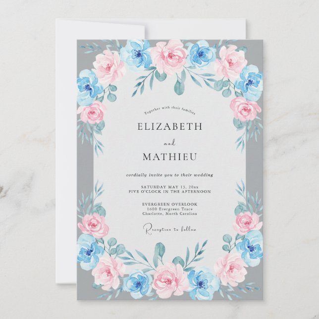 Invitation Mariage Feuillu Azur Doux Rose (Devant)