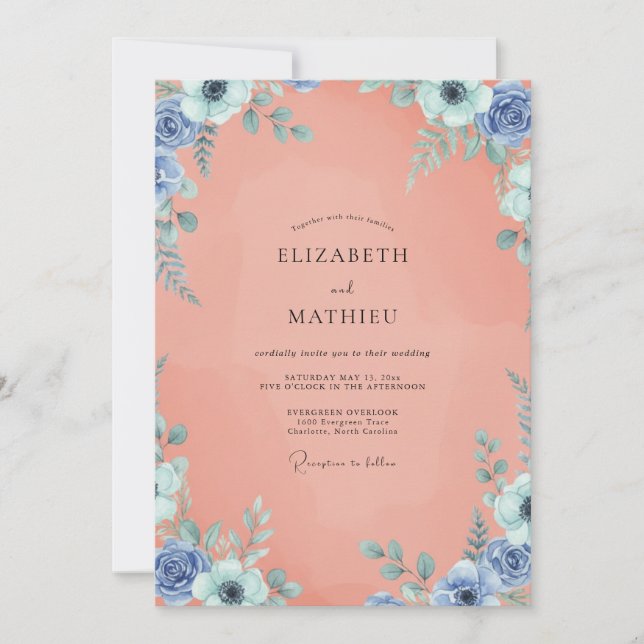Invitation Mariage Feuillu Azur et Pêche (Devant)