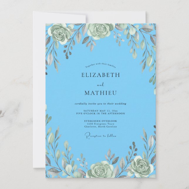 Invitation Mariage Feuillu Azur Sourdine Sauge (Devant)