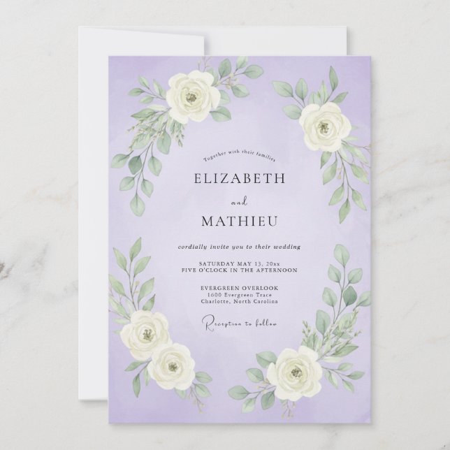 Invitation Mariage Feuillu Blanc et Lavande (Devant)