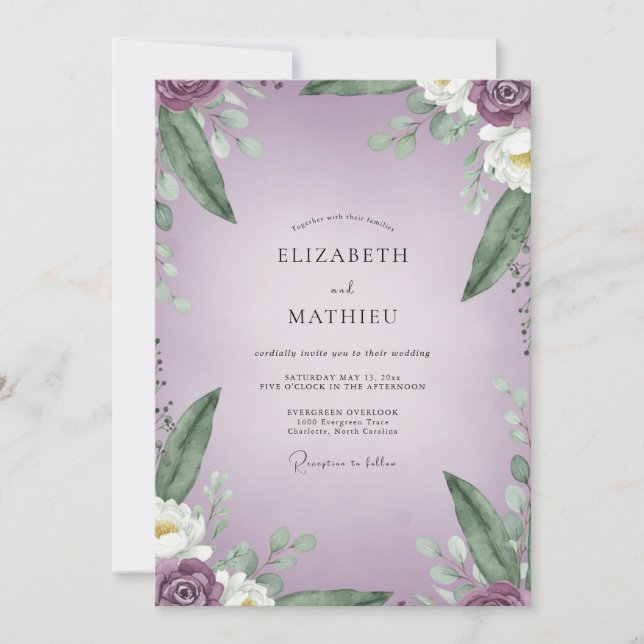 Invitation Mariage Feuillu Blanc Perle de Lilas (Devant)