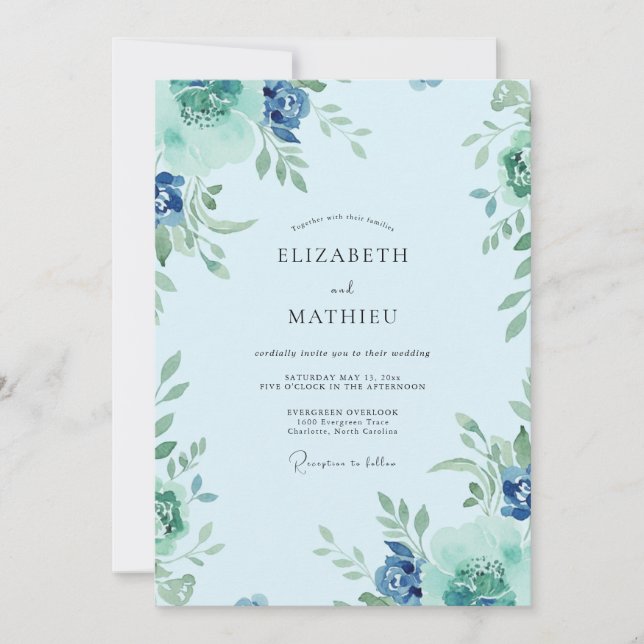 Invitation Mariage Feuillu Bleu Azure (Devant)