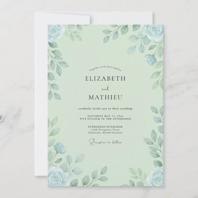 Invitation Mariage Feuillu Bleu Ciel Menthe (Devant)