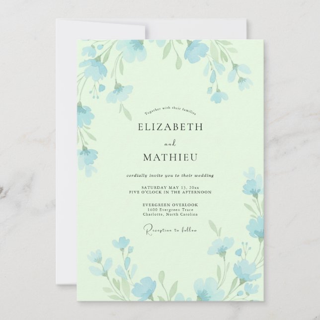 Invitation Mariage Feuillu Bleu Ciel Pistache (Devant)