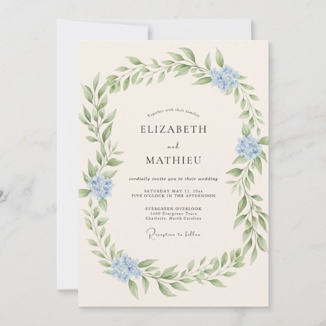 Invitation Mariage Feuillu Bleu Glacé (Devant)