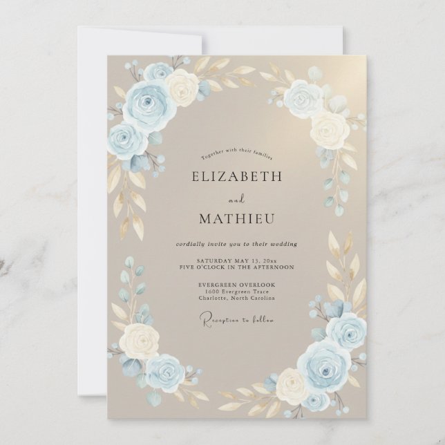 Invitation Mariage Feuillu Bleu Poudre Taupe (Devant)