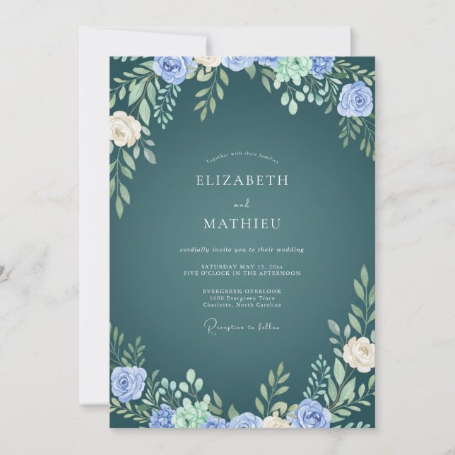 Invitation Mariage Feuillu Bleu-Vert Perwinkle (Devant)
