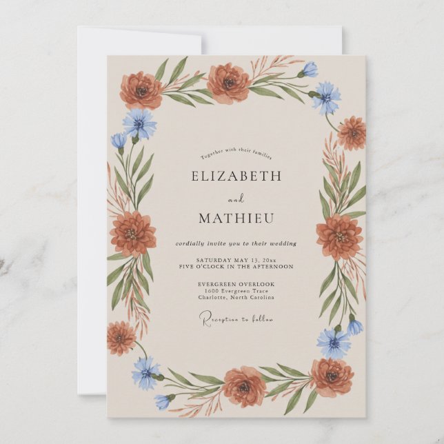 Invitation Mariage Feuillu Bleuet Rouille (Devant)