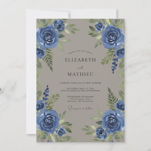 Invitation Mariage Feuillu Bleuet Taupe (Devant)