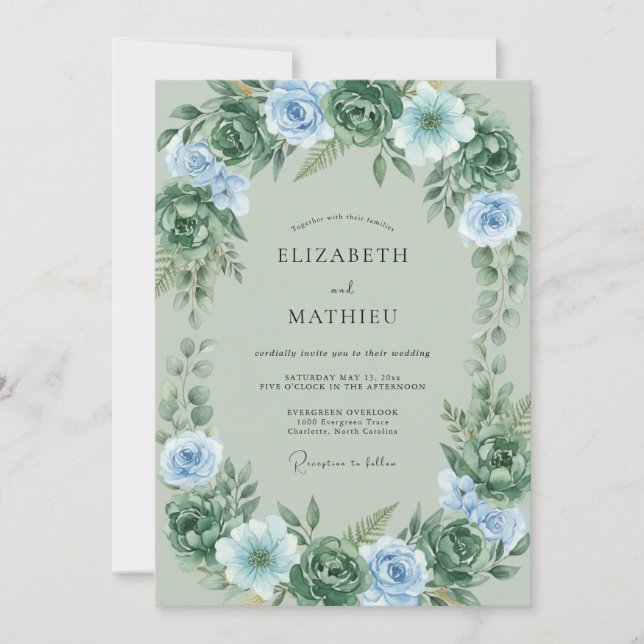Invitation Mariage Feuillu Celadon Pervenche (Devant)